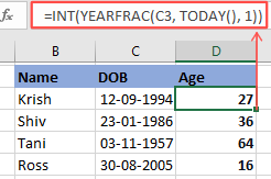 Age calculation using YEARFRAC