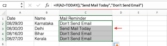 Reminders in Excel Example Result