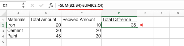 Subtract Multiple Range in Excel